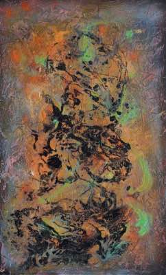 60" x 36" - technique mixte, phosphore et ADN (nombrils séchés) sur bois, 2016