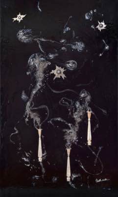 2017 - 60" x 36" - techniques mixtes sur panneau (huile, acrylique, argenterie (Hotel Reine Elizabeth) et cristaux du lustre de la chambre 1742 de l’Hotel Reine Elizabeth)