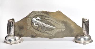 2017 - 14" x 41" x 12" - Grès bleu oxydé et ciselé, patine acrylique, et argenterie (Reine Elizabeth)